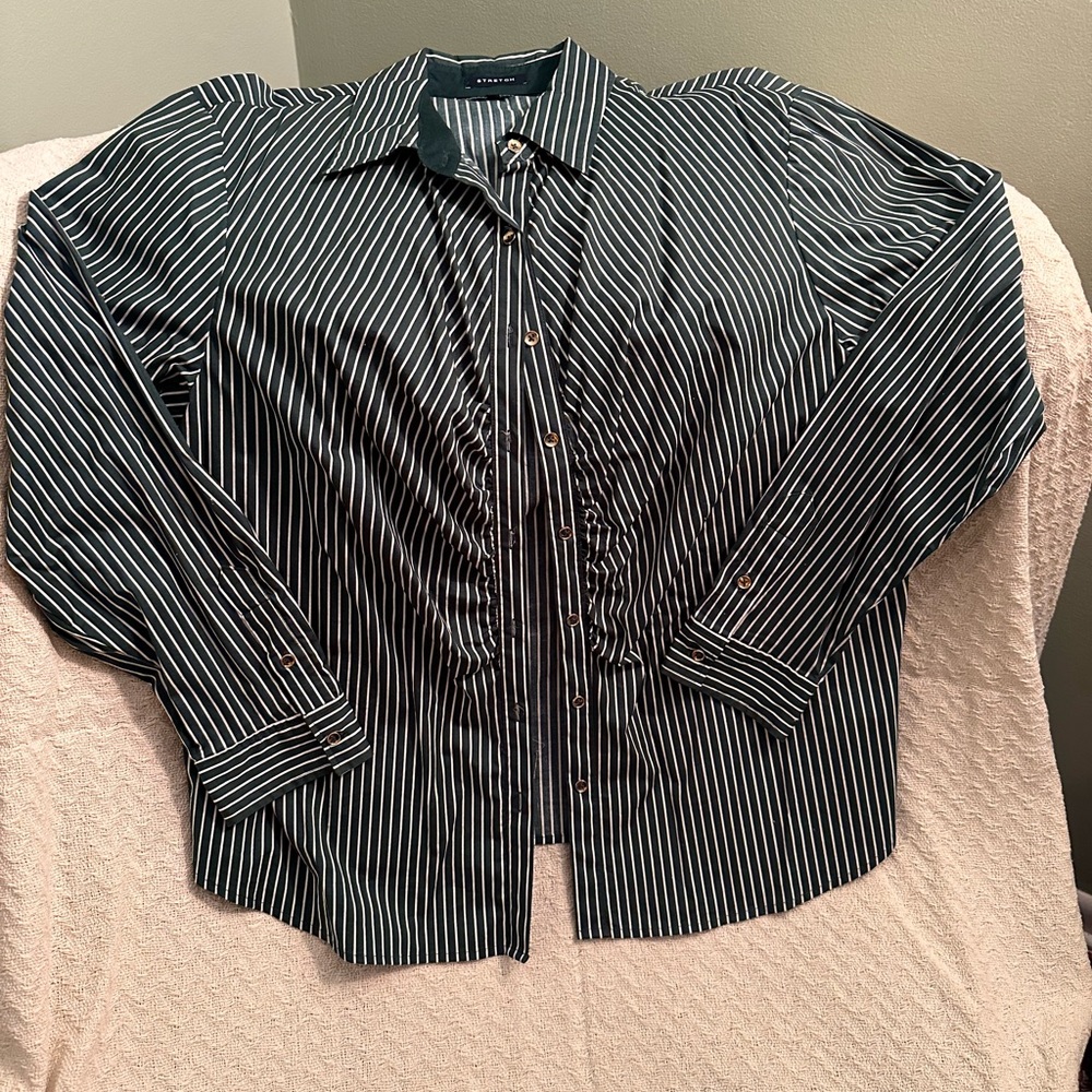 Vintage Jones New York Green and White Striped Button Down Shirt Sz 2x Plus Size